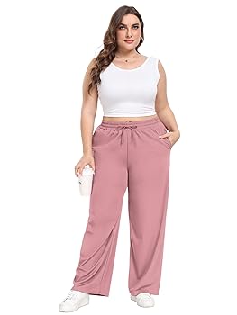 Lastshe Women's Plus Size Casual Pants Elastic Waist Wide